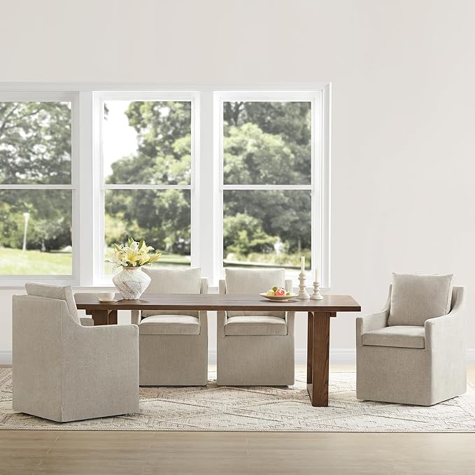 Upholstered Dining Chairs Set of 2, Washable Cover Modren Deskchair with 4 Casters & Hidden Storage for Dining Room, Living Room, Home Office, Sand, 2 Box