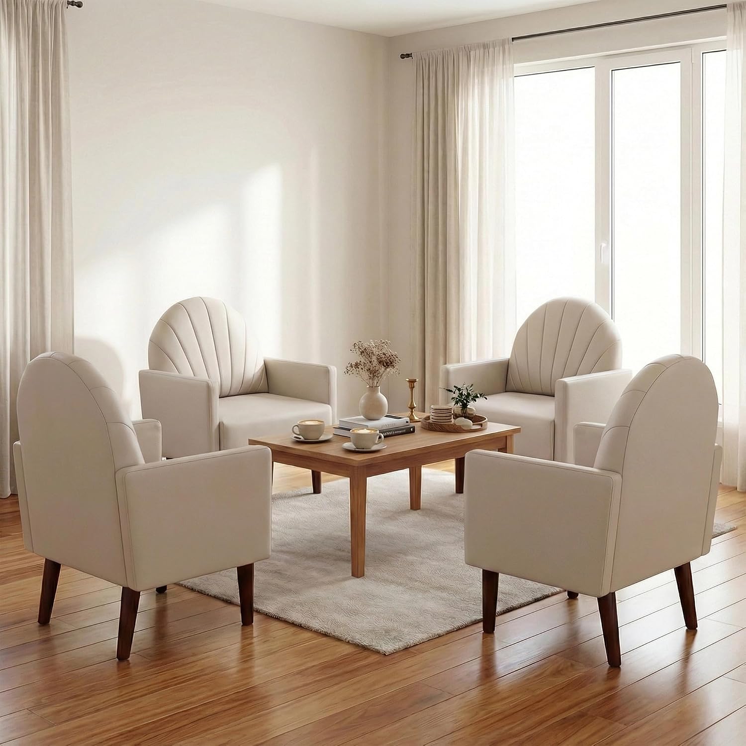Modern Accent PU Chair, Living Room Chair Upholstered Single Sofa Chair with 4 Sturdy Legs, Contemporary Reading Chair for Living Room, Reading Room, Bedroom (Cream with Shell backrest)