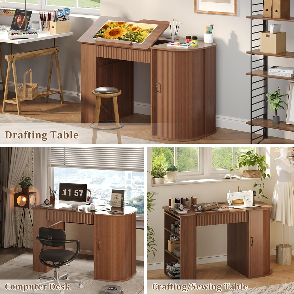 Drafting Table with Storage Cabinet & Drawers, Crafting Table with Open S...