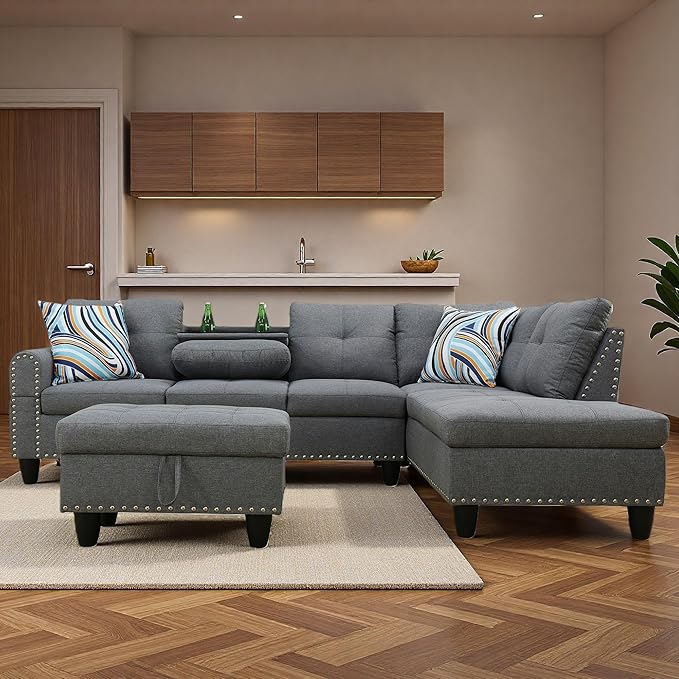 Sectional Couches for Living Room with Movable Chaise & Storage Ottoman - 97.5" Linen L Shaped Couches for Living Room Apartment, Home Modular Sectional Sofas with Cup Holder, Grey