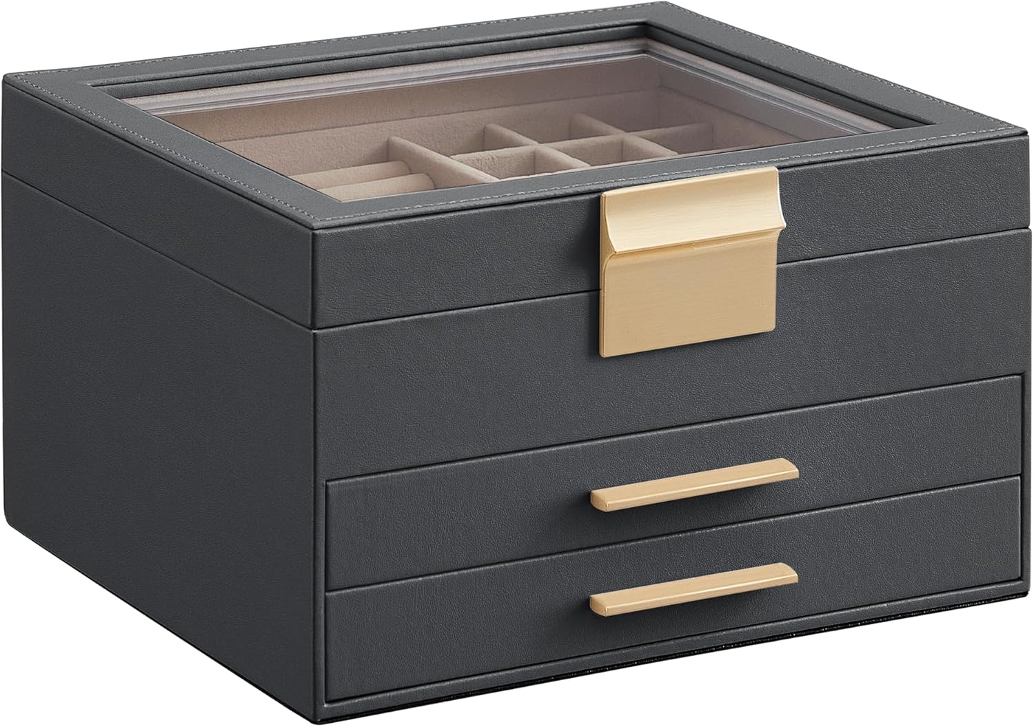 SONGMICS Jewelry Box Organizer with Glass Lid, 3-Layer Jewelry Storage, with 2 Drawers, Modern Style, Christmas Gift, 8 x 9.1 x 5.3 Inches, Interstellar Gray and Gold Color UJBC239G02