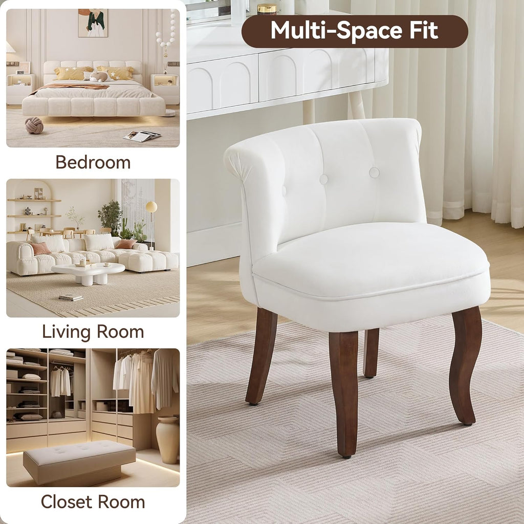 WUTUTUEE Velvet Vanity Chair with Back, Tufted Upholstered Vanity Stool with Solid Wood Legs, Mid Century Small Makeup Chair for Vanity, Accent Chair for Bedroom, Living Room, White