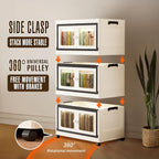 SunSettler Stackable Storage Bins with Lids, Folding Storage Cabinets with Doors and Wheels, Collapsible Plastic Storage Bins for Closets, Stackable Storage Organizer(Transparent, 3-Tier)