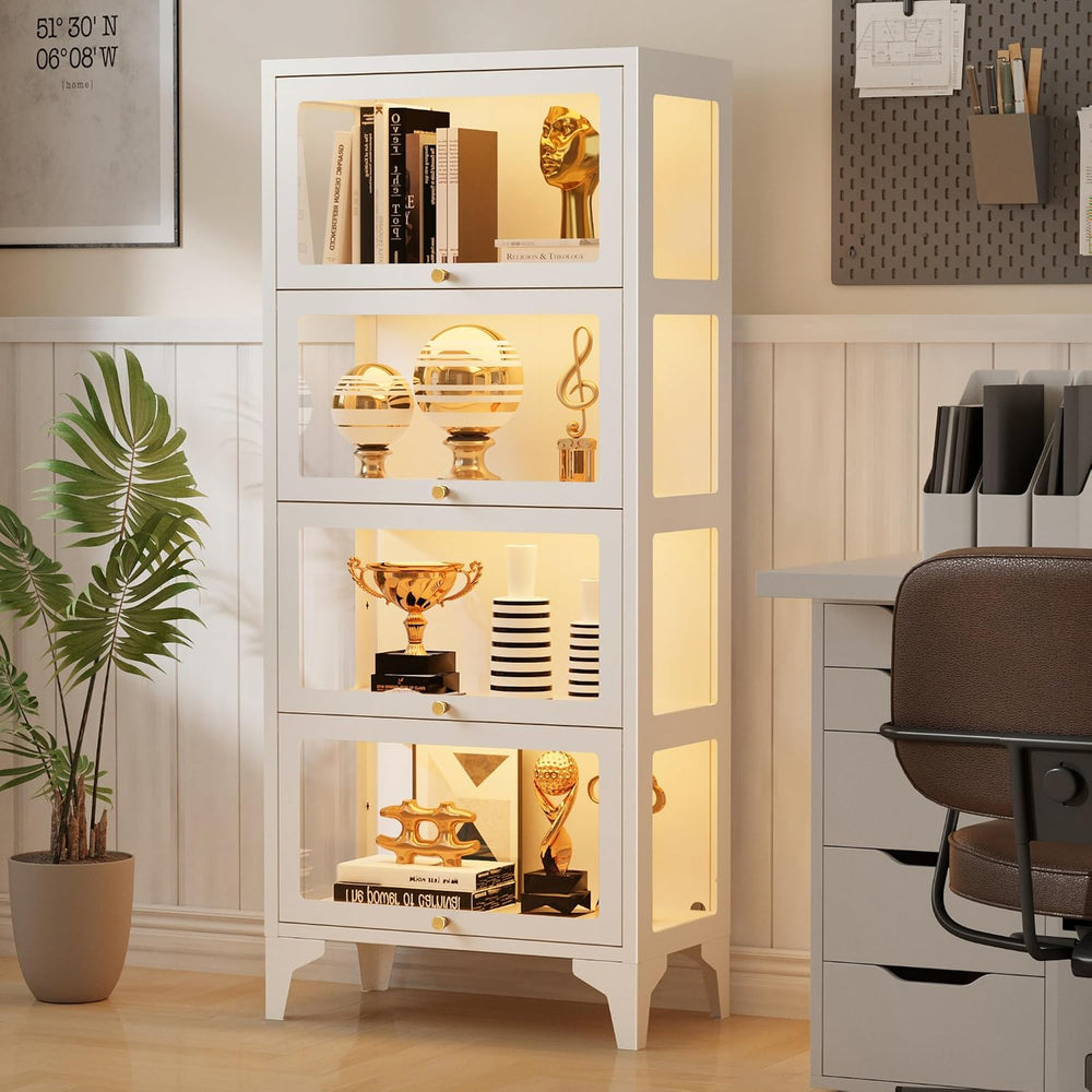 4 Tier Glass Display Cabinet with Flip-Up Doors, 55" Curio Cabinet with ...