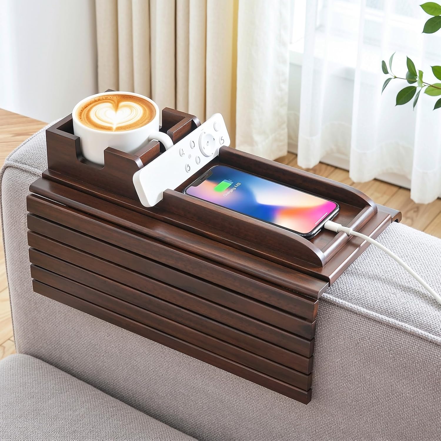 Couch Arm Tray, 2-in-1 Split Design Sofa Armrest Tray for Couch | Anti-Slip Couch Armrest Table, Foldable Couch Tray for Arm, for Dessert, Phone, Control, Cups, Brown
