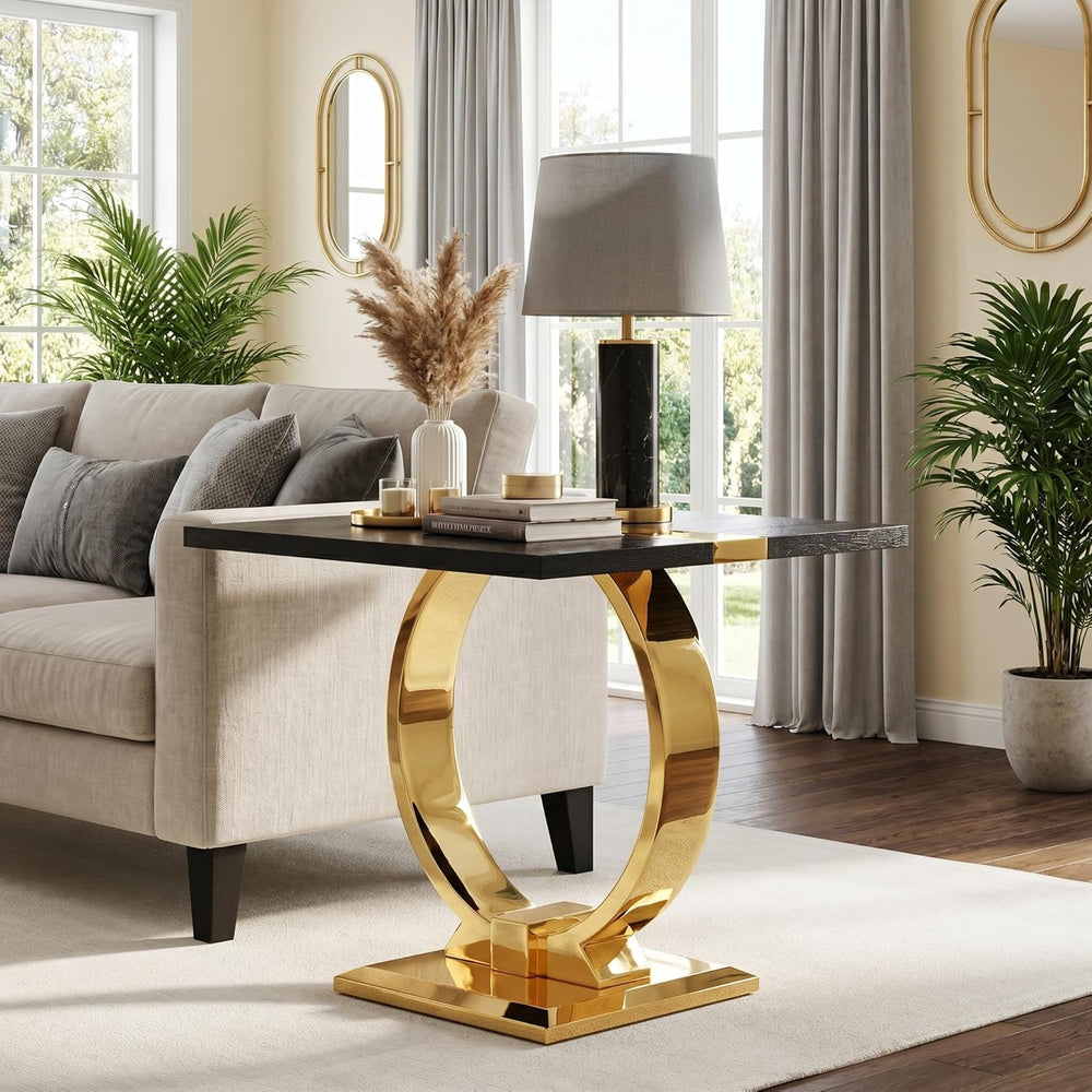 Asday 23” Black and Gold End Table, Modern Square Wood Side Table with Polihs...