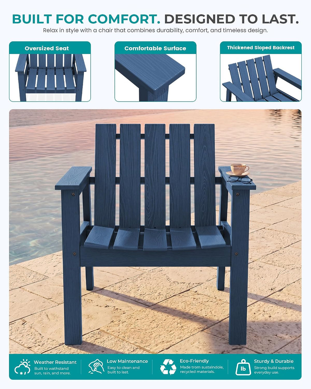SERWALL Low Back Bistro Set-utdoor Adirondack Chairs and Side Table-Navy