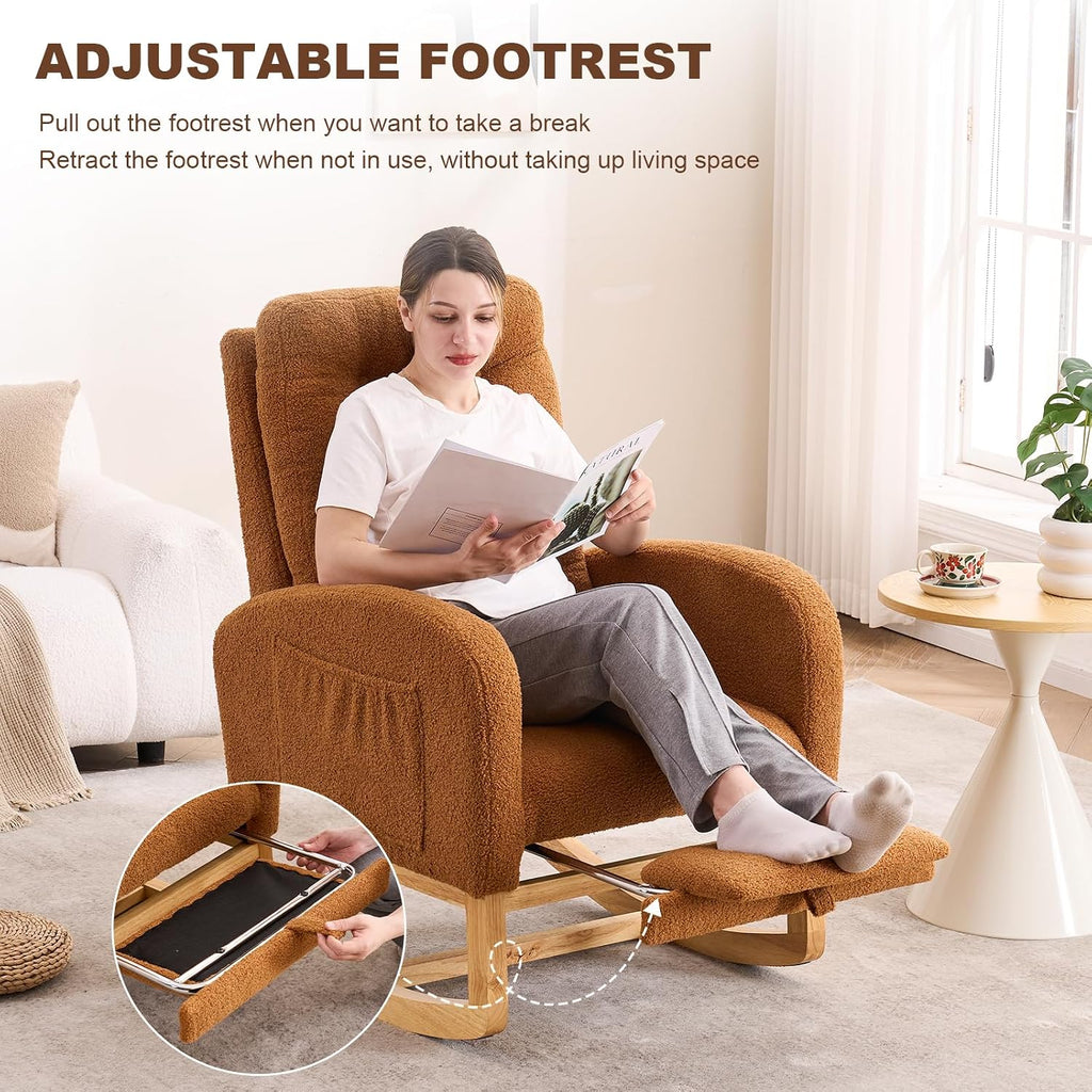 Nursery Rocking Chair,Rubber Wood Base Glider Rocking Chair with Adjustable Footrest and Side Pocket,Teddy Fleece Glider Rocker for Living Room, Bedroom (Teddy Fleece, Caramel)