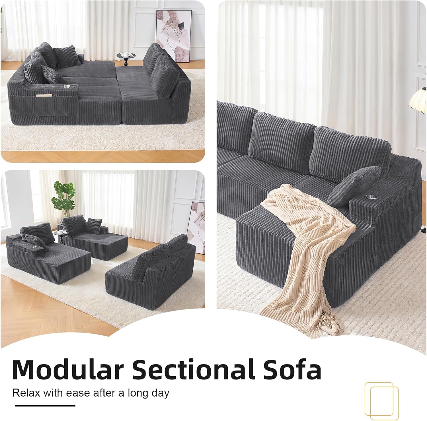 130" U-Shaped Modular Sectional Sofa with Chaise | Boneless Corduroy Flexible Module Seating for Living Room, Cloud Couch with Cup Holders and Side Pockets, No Assembly (Grey)