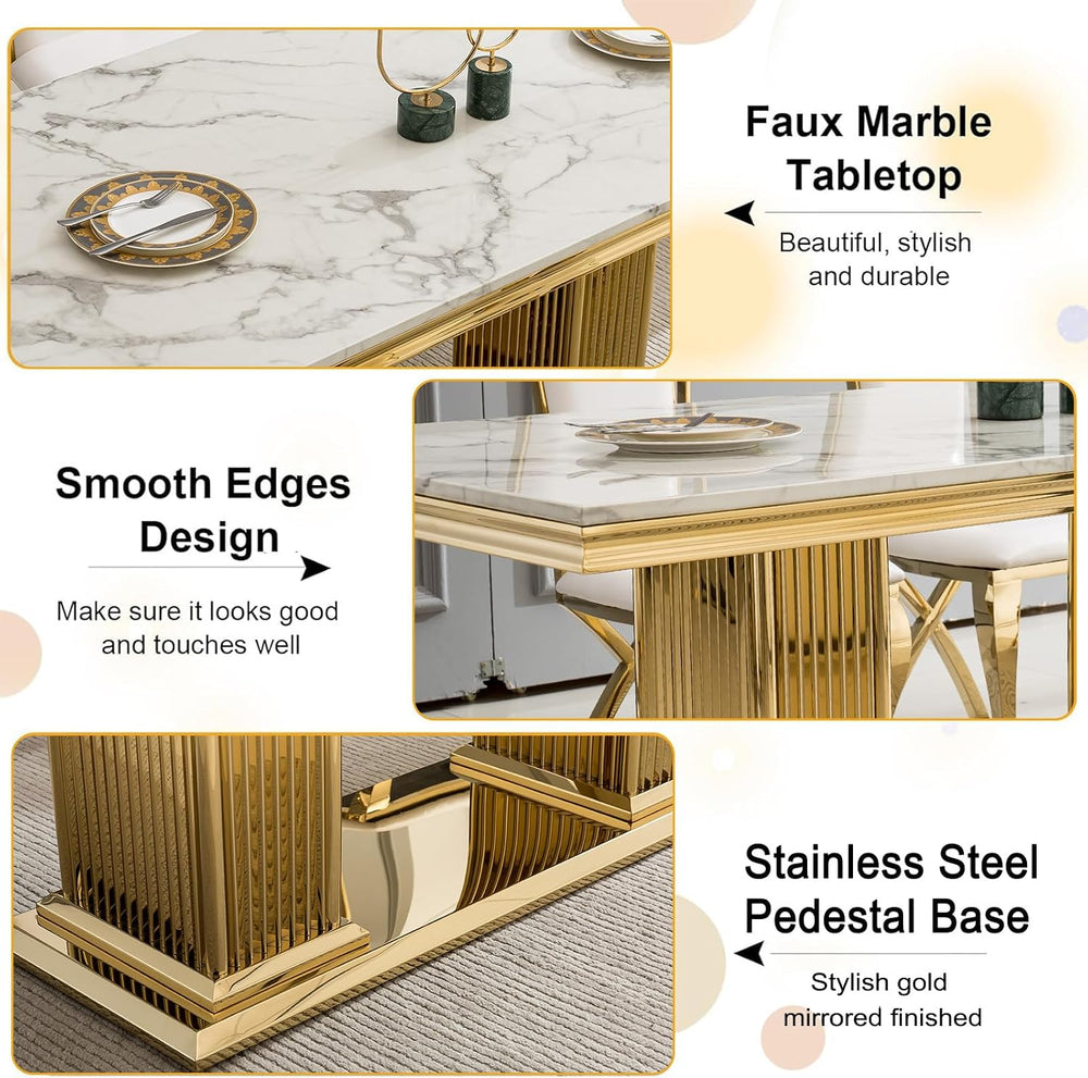 68 in Faux Marble Dining Table for 4-6, White Marble Dining Table with Gold S...