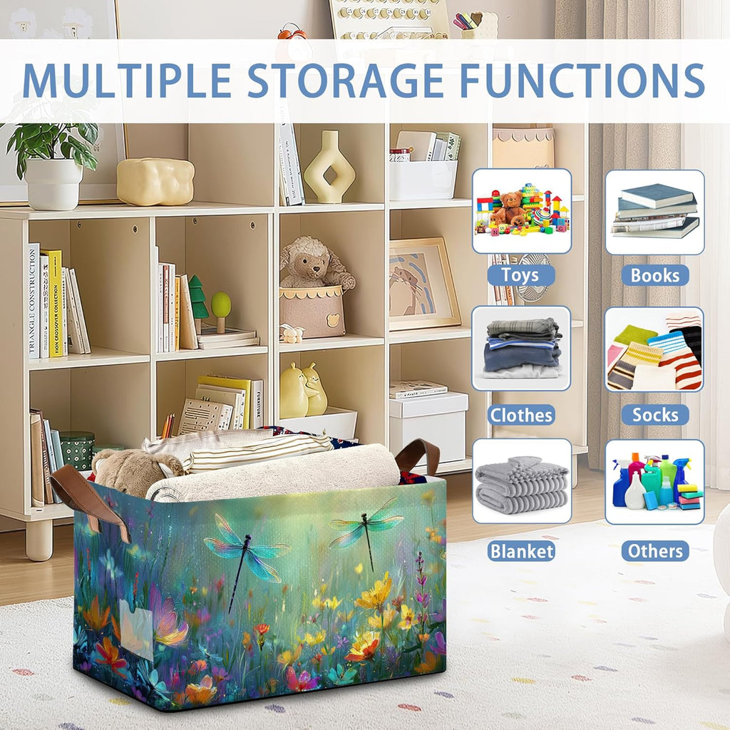 Dragonfly Storage Basket,Flower Collapsible Storage Bin Cubes for Living Room Bedroom Blankets Home Storage 17x11.5x10Inch