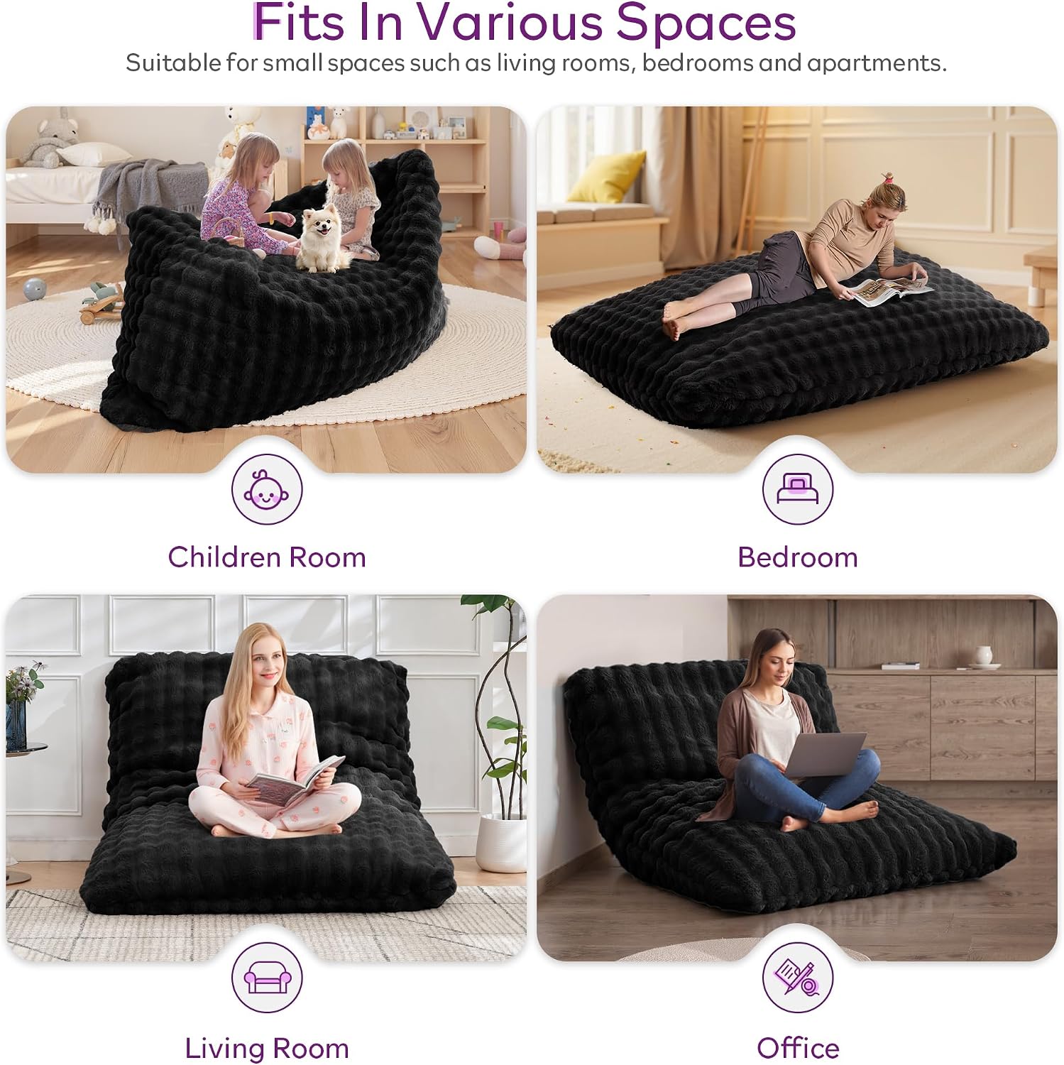 TYBOATLE 3 in 1 Giant Bean Bag Chair for Adults, Plush Fluffy Bean Bag Couch w/High-Density Memory Foam Filling, Convertible Floor Sofa to Mattress for Dorm, Apartment (Black)