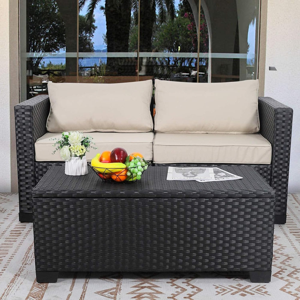 Rattaner Patio Coffee Table with Storage Wicker Outdoor Coffee Table and All-...