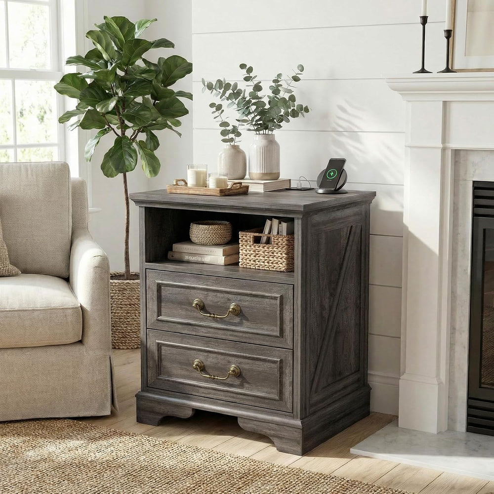 Farmhouse End Table with Charging Station, Rustic Wood Nightstand with 2 Larg...