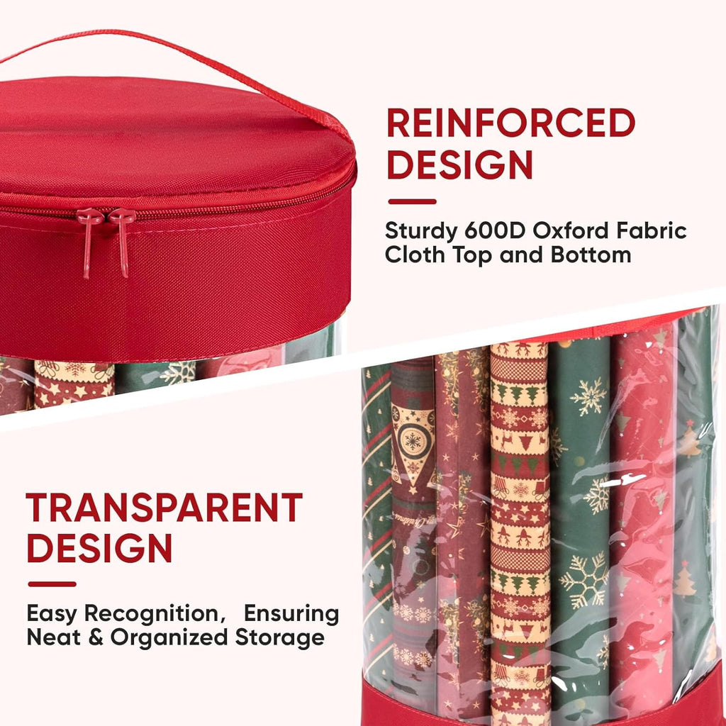 BALEINE Christmas Wrapping Paper Organizer Storage, 41" Gift Wrapping Paper Storage Containers, Clear PVC with Durable 600D Oxford Fabric Gift Wrap Paper Holder Fits 18-25 Rolls, Green