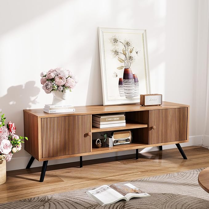 COMHOMA TV Stand for Living Room, Mid Century Modern Entertainment Center for 55/60/65 Inch TVs, Retro Brown TV Console with Fluted Door Cabinets and Open Adjustable Shelve Storage for Bedroom (53In)