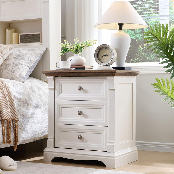 Farmhouse 26"H Nightstand Set of 2, 23.6"W End Table with Charging Station | 3 Drawers Storage, Wood Side Table w/Roman Column, Bedside Cabinet for Bedroom, Living Room, Antique White