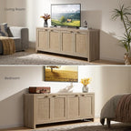SICOTAS TV Stand for Living Room Boho Entertainment Center for Bedroom with 4 Rattan Cabinets Farmhouse Television Stands with Storage Large Media Console Table for TVs up to 65 Inch
