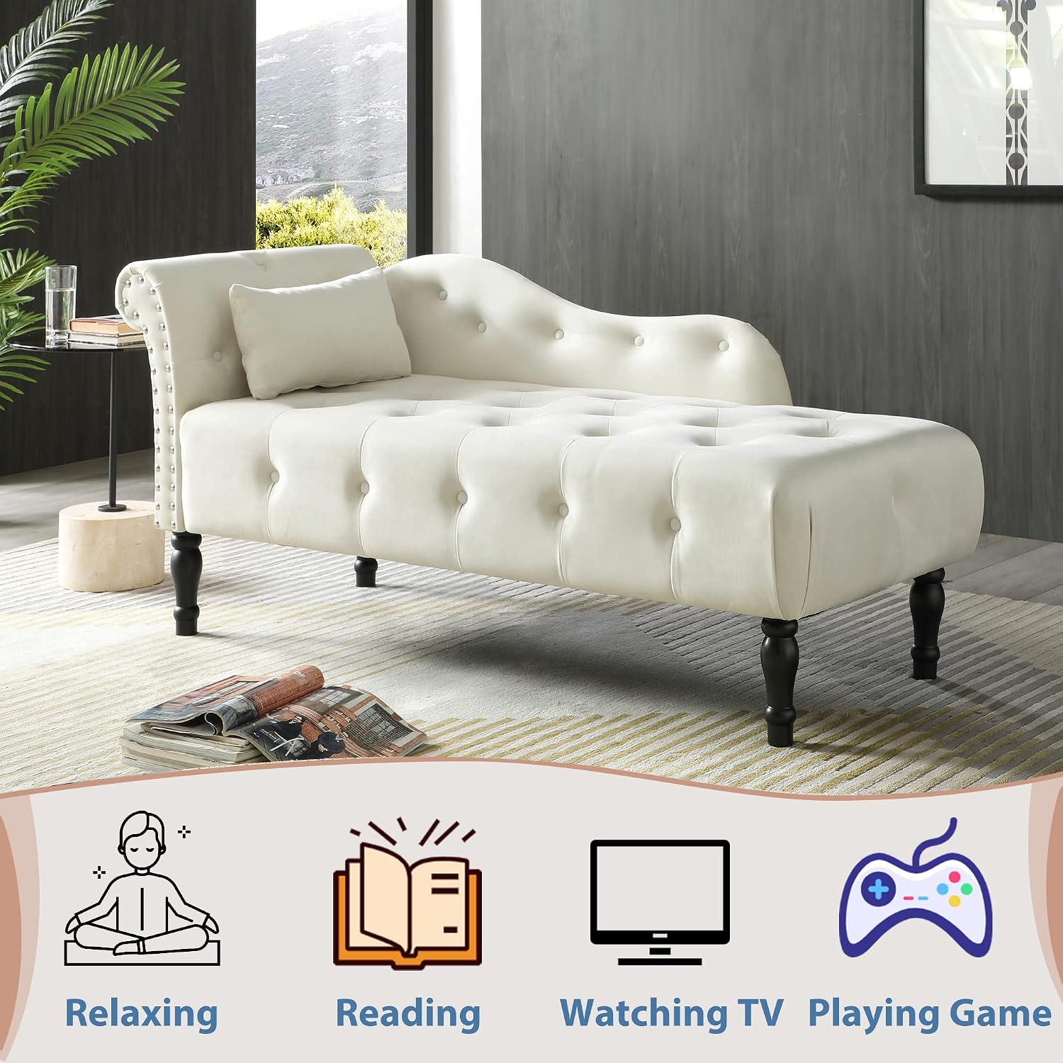 60" Chaise Lounge Indoor Velvet Button Tufted with Pillow, Nailhead Decorate Rolled Arm Chaise Lounge for Bedroom Living Room (White)