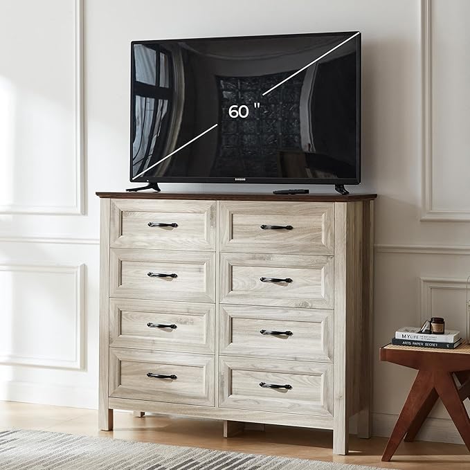 LINSY HOME 8 Drawers Dresser for Bedroom, 47" Wide Wooden Storage Chest with Antique Handles, Modern Farmhouse Dresser TV Stand with Wood Legs for Closet, Living Room, Hallway, Beige