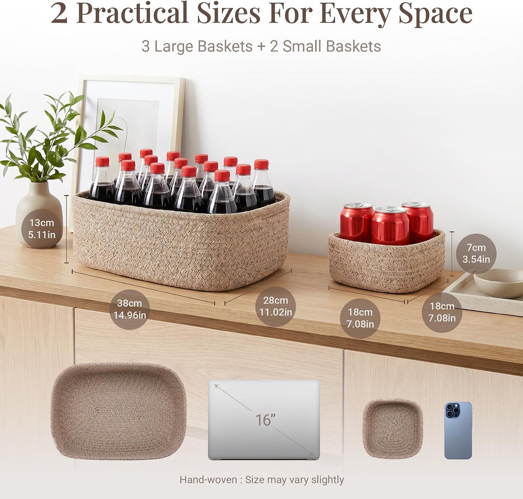 5-Pack Large Woven Rope Storage Baskets, 2 Sizes Organizer Bins | Fabric Cube Boxes and Rectangular Shallow Bins for Closet, Shelf, Bookshelf, Nursery, Changing Table, Bathroom, Toys & Home