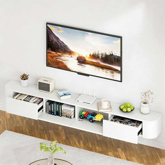 SHGJ&SOFT Floating TV Stand Wall Mounted Media Console with Door Entertainment Centerwith Storage Cabinets, Wall Mounted TV Shelf for Bedroom,Living Room (White, 78.7IN)