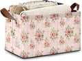 Vintage Pink Rose Storage Baskets,Foldable Large Capacity Organizer Bins with Waterproof Lining and Leather Handles for Closet,Shelf,Bedroom 17x11.5x10Inch