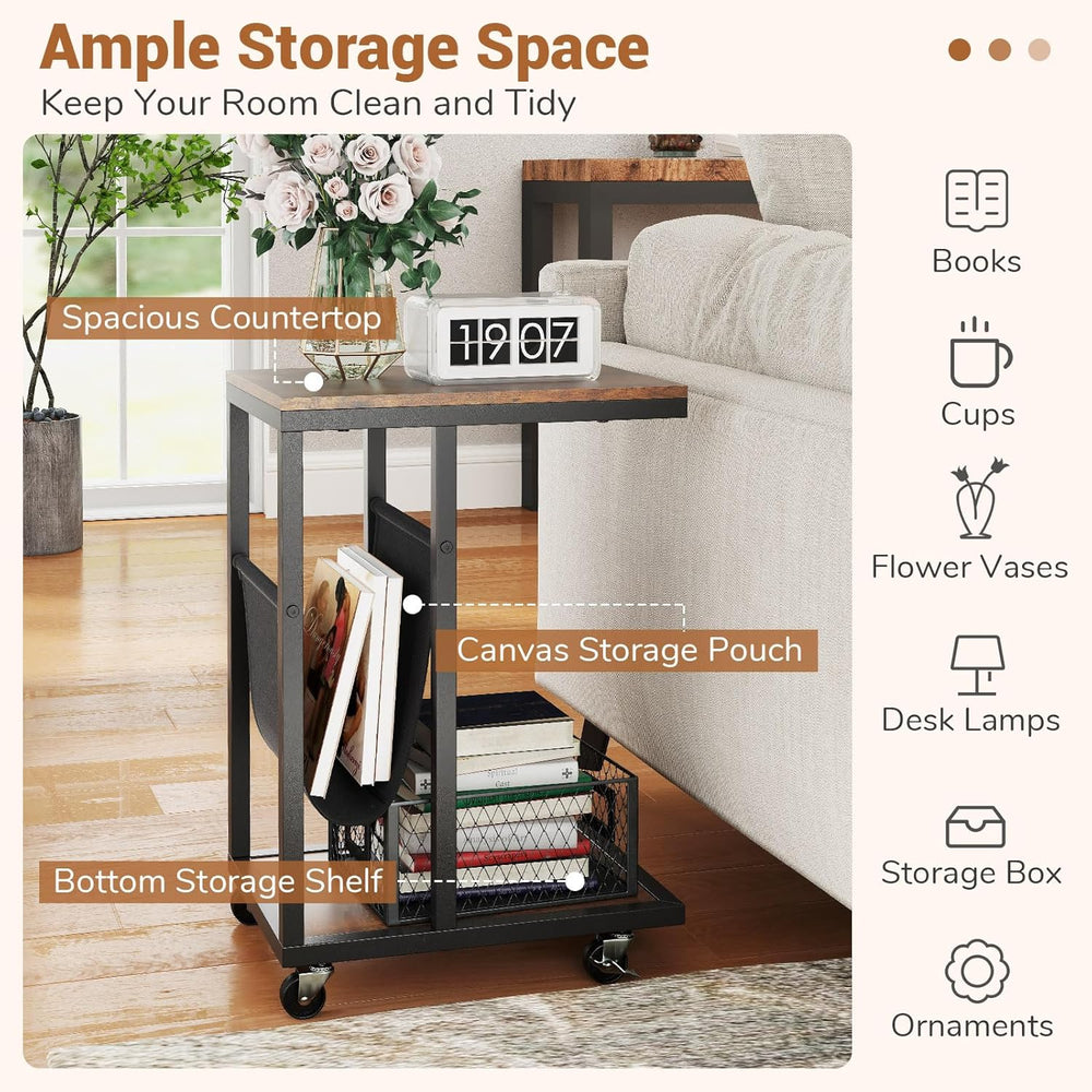 Giantex C Shaped End Table with Rolling Wheels, Sofa Side Table with Magazine...