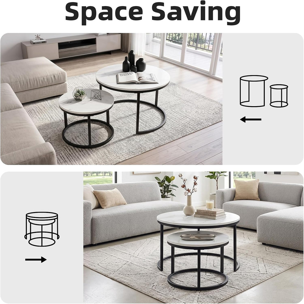 Nesting Coffee Table White Marble Pattern Wooden with Black Frame | 31.49&quo...