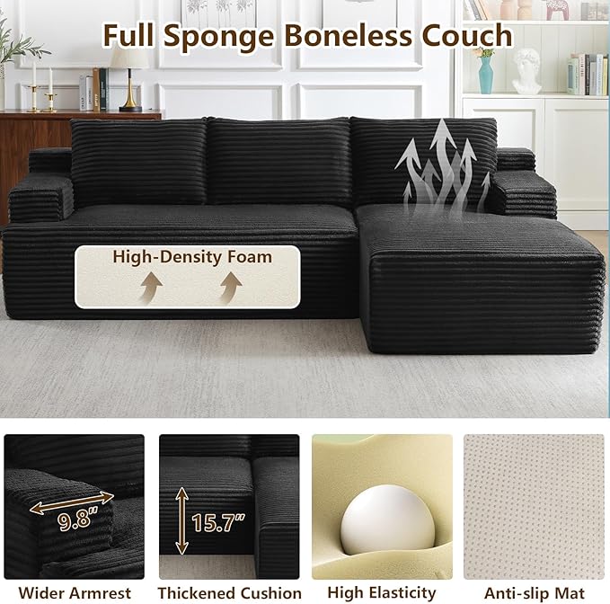 96" Modular Sectional Sofa Couches L-Shape Couch 3 Seat Modular Sofa Corduroy Memory Foam Sectional Boneless Couches for Living Room, Cloud Couch with Oversized Chaise(Black, Right Facing)