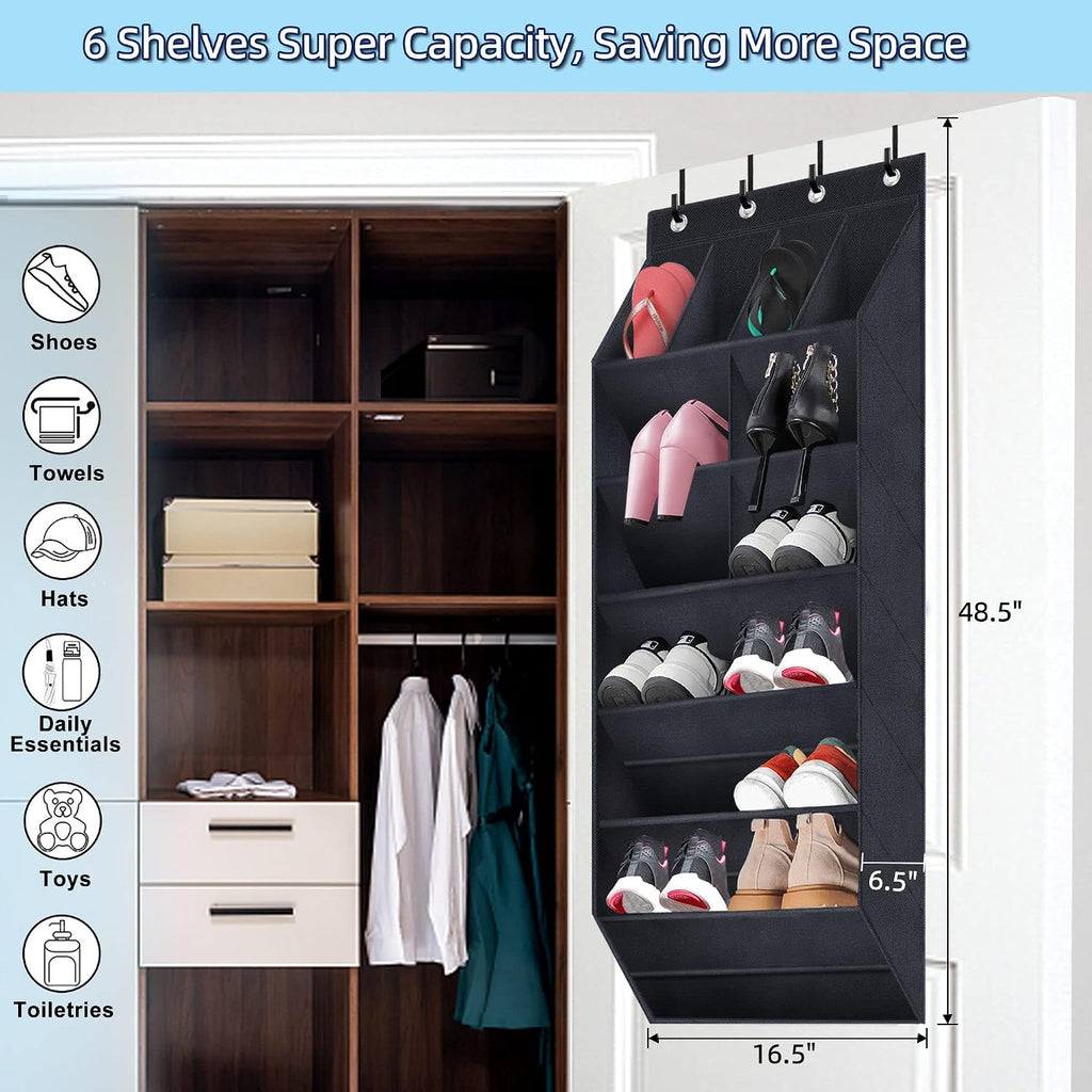 Over The Door Shoe Organizer, 2 Pack Hanging Organizer with Large Deep Pockets, Rack for Closet and Dorm Narrow Door, Holder Black