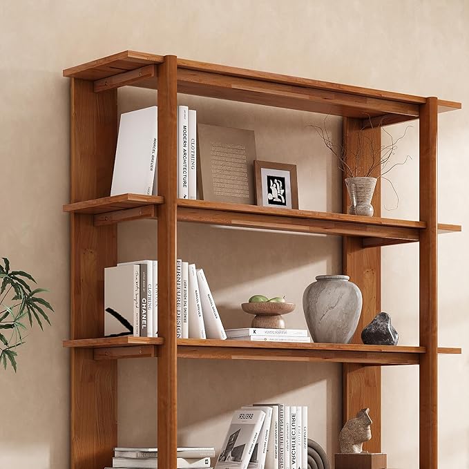 Merax 4 Shelf Bookcase H-70 L-53 Acacia Wood Open Bookshelf, Contemporary Farmhouse Style Display Storage Shelf for Home Office Studio, Teak Finish