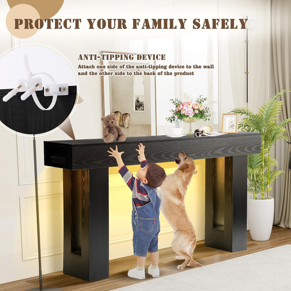 Grepatio Long Console Table with LED Light, 63 Inch Wood Entryway Table with ...