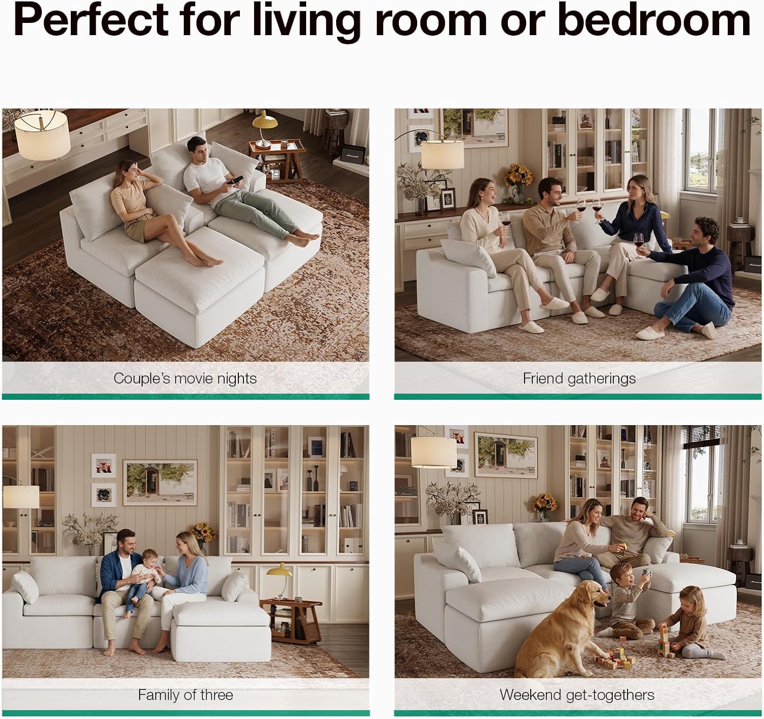Novilla 104.3" Modular Cloud Couch, Modern Sectional Sofa with Smarts Coil® Support, Chenille Fabric, Upholstered Couch for Living Room Apartments Bedroom, No Assembly, 3 Seater + 1 Ottoman, White