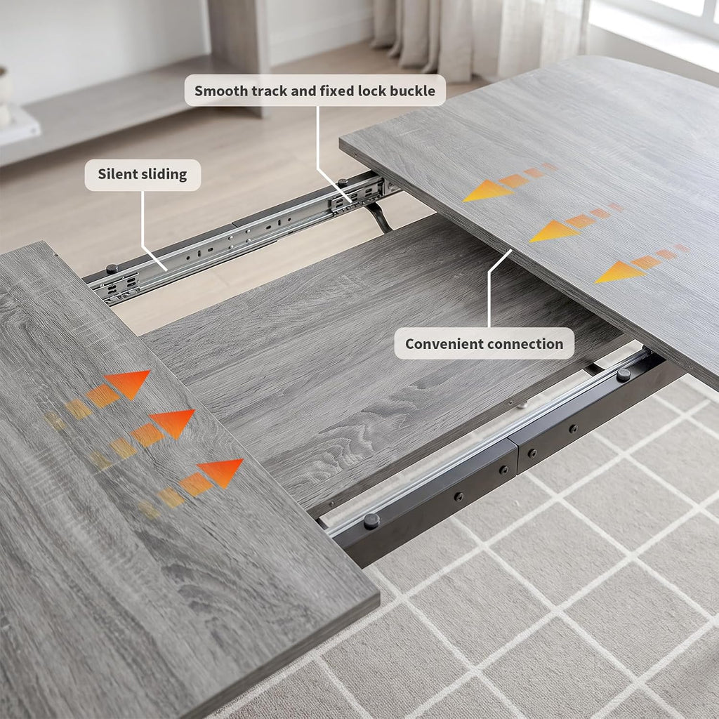 HIPIHOM Extendable Dining Table Set for 6, 55.1" to 70.87" Expandable Kitchen & Dining Room Table with 6 Upholstered PU Leather Chairs (Grey Table)