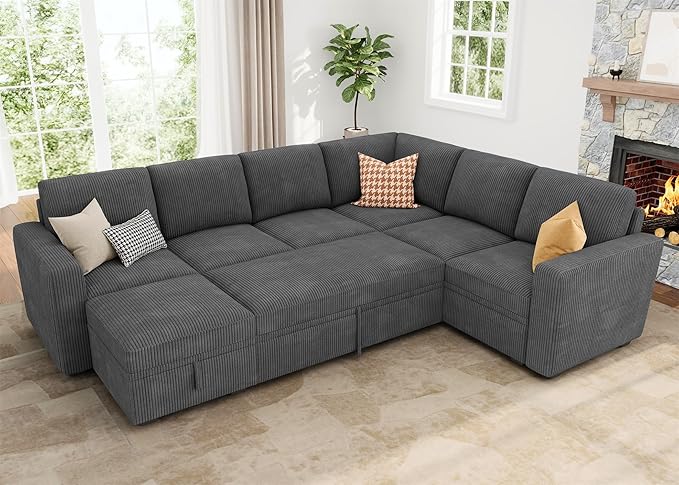 HONBAY Modular Sectional Couch with Pull Out Bed, Corduroy Sleeper Sofa with Storage Ottoman, U Shaped Sectional Couches for Living Room, Dark Grey