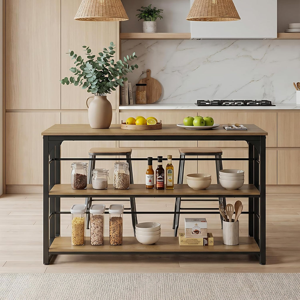 LITTLE TREE Kitchen Island with Storage, 63 Inches Width Kitchen Shelf with Large Worktop, Modern Kitchen Counter for Dining Room, Kitchen, Living Room, Easy to Assemble, Brown & Black