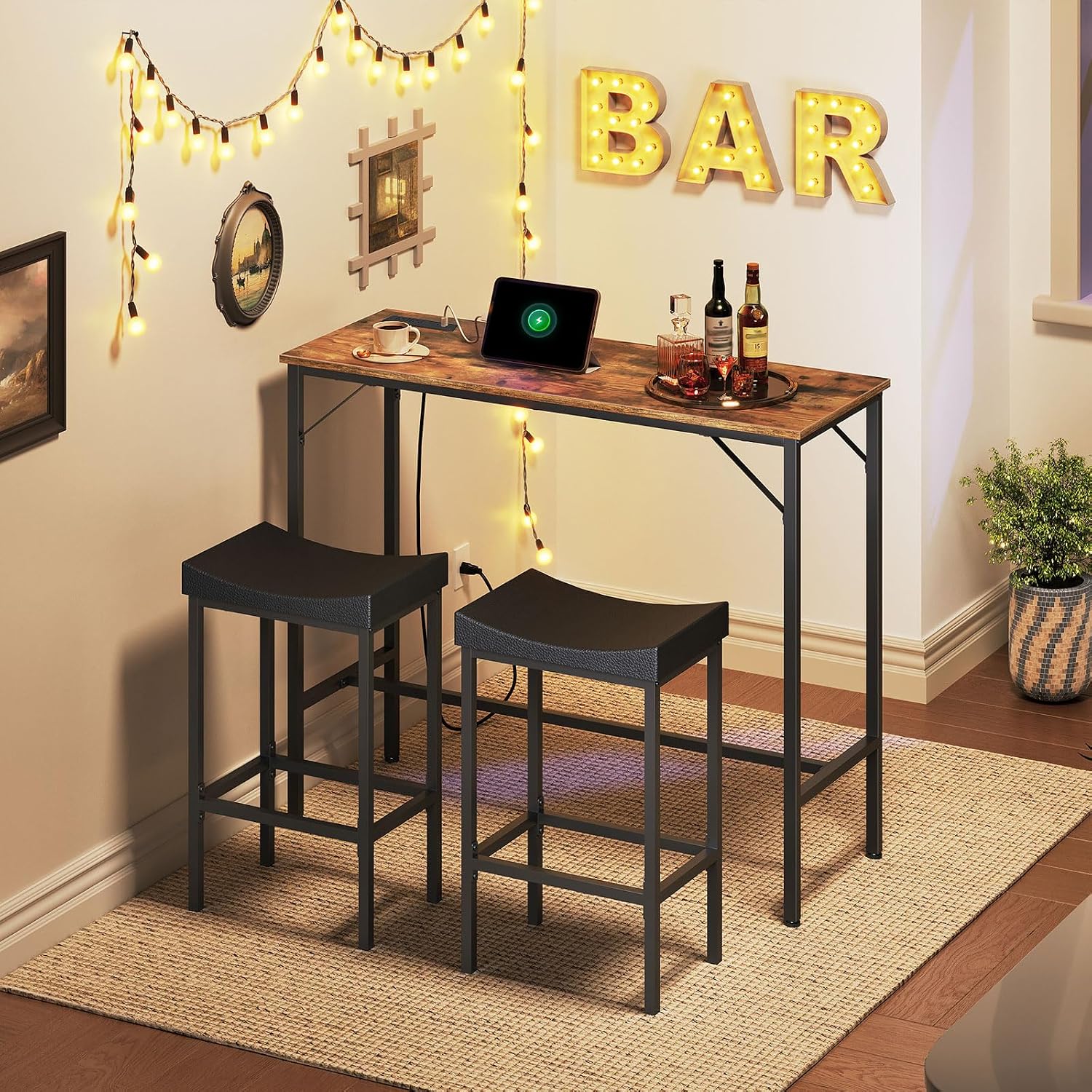 HOOBRO 3-Piece Bar Table and Chairs Set, 39.4" Pub Table, High Top Bar Table with Charging Station, 3-Piece Dining Table Kitchen Breakfast Table Set, for Kitchen, Small Space, Rustic Brown BF10UBT01
