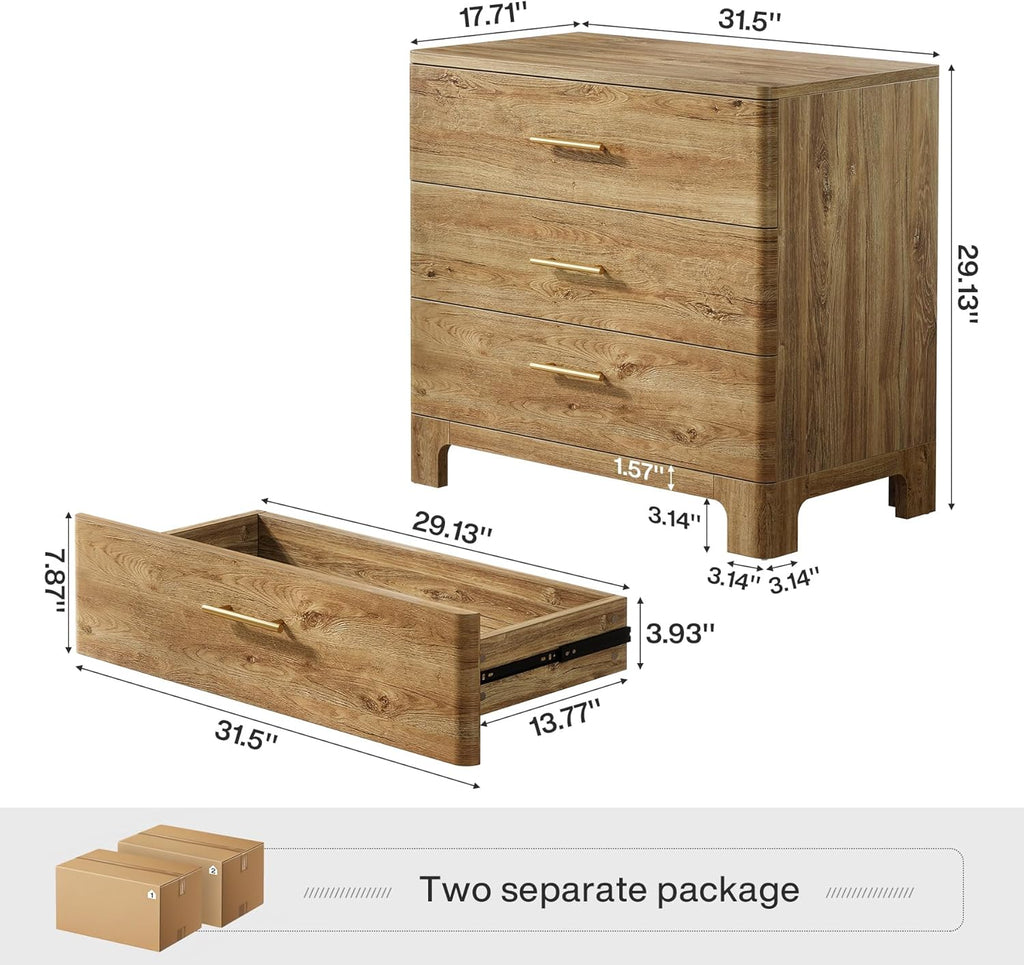Tribesigns Extra Large Three Drawers Nightstands Set of 2, 31.5" Wooden Rustic Brown Bedside Table with Drawers Storage and Mental Handles for Bedroom, Easy Assembly (2)