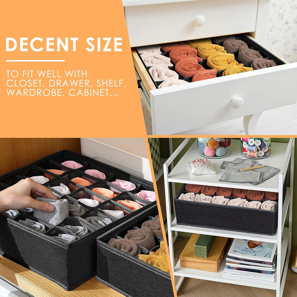 Criusia 3 Pack Sock Underwear Organizer Dividers, 64 Cell Fabric Foldable Cabinet Closet Organizers and Storage Boxes for Storing Socks, Underwear, Ties (16+24+24 Cell, Black)