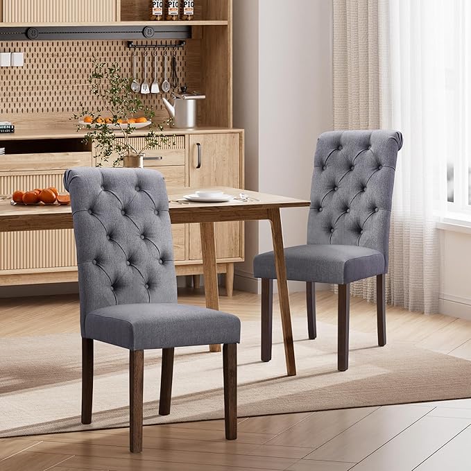 Dining Chairs Set of 2, Button Tufted Parsons Upholstered Chairs with Solid Wood Legs, Mordern Fabric Kitchen Chairs for Dining Room，Grey