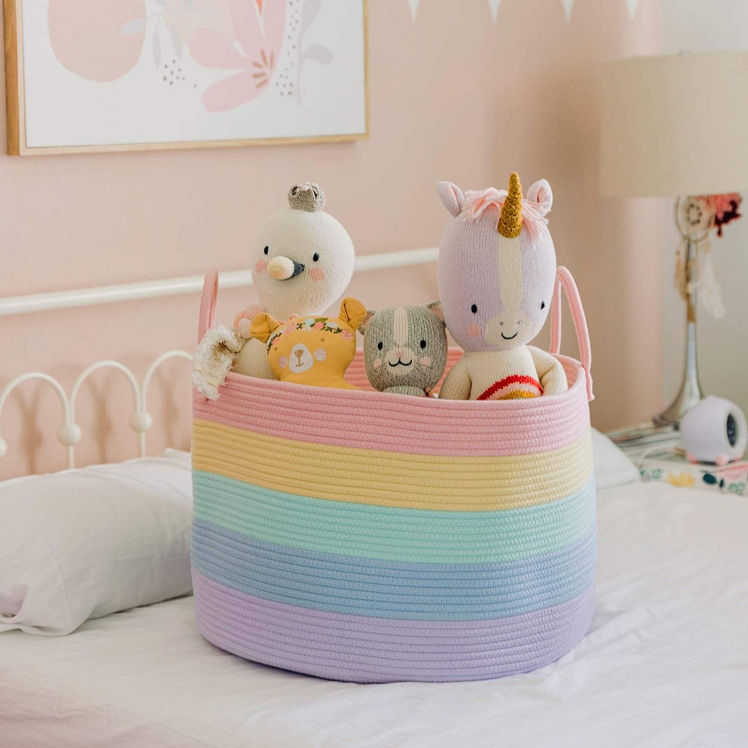 OrganiHaus Rainbow Toy Basket & Blanket Storage Bin, Nursery 20x13" | Rainbow Pastel - Round Rainbow Cotton Rope Basket, Nursery 20x13"