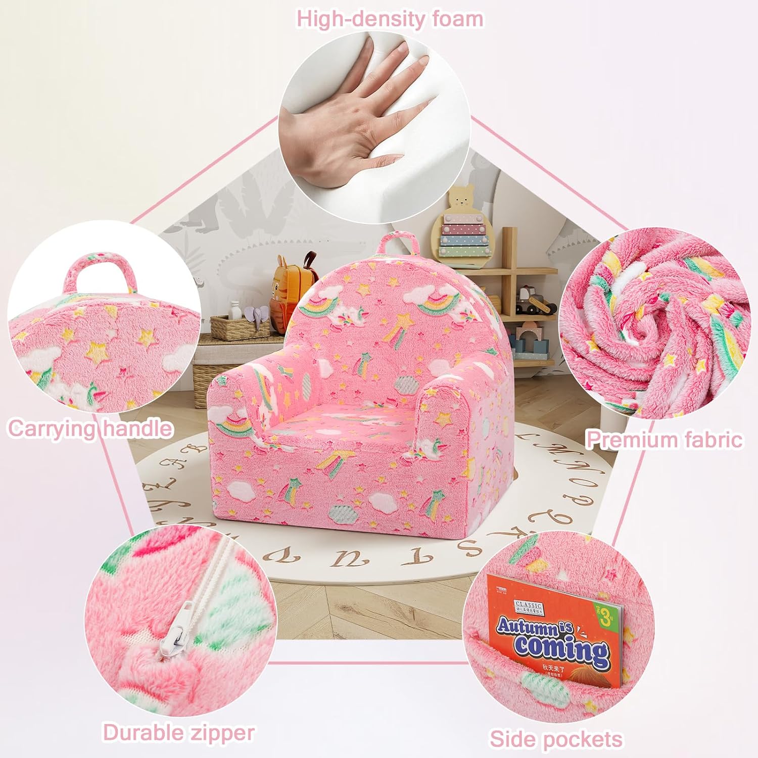 MeMoreCool Kids Chair, Glow Colorful Unicorn Kids Couch Sofa for Ages 3+ | Glow colorful unicorn kids chair, soft plush seat for playroom reading nook