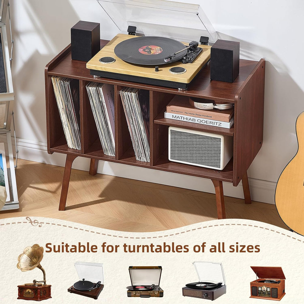Lerliuo Record Player Stand with 4 Cabinet Holds Up to 220 Albums,Walnut | La...