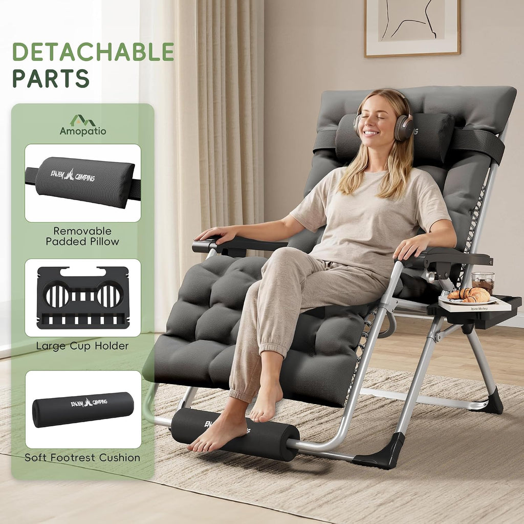 Oversized Zero Gravity Padded Chair XXL 33In Reclining Camping Lounge Chair | w/Removable Cushion & Headrest & Upgraded Lock & Footrest & Cup Holder Foldable Recliner for Indoor Outdoor,500LBS Capacity