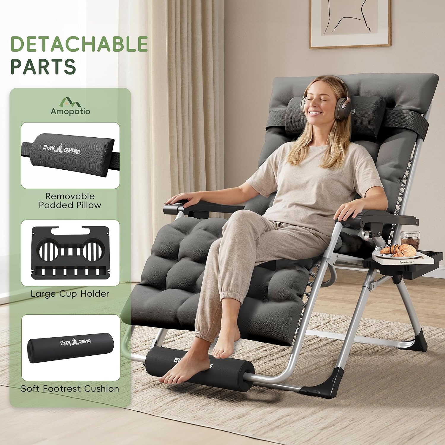 Oversized Zero Gravity Padded Chair XXL 33In Reclining Camping Lounge Chair | w/Removable Cushion & Headrest & Upgraded Lock & Footrest & Cup Holder Foldable Recliner for Indoor Outdoor,500LBS Capacity