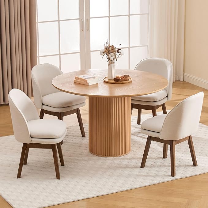 Upholstered Dining Chairs Set of 4, Modern Linen Fabric Dining Room Chairs with Solid Wood Legs & Double-Padded Seat, Swivel Accent Desk Chair for Kitchen Dining Room Restaurant - Beige
