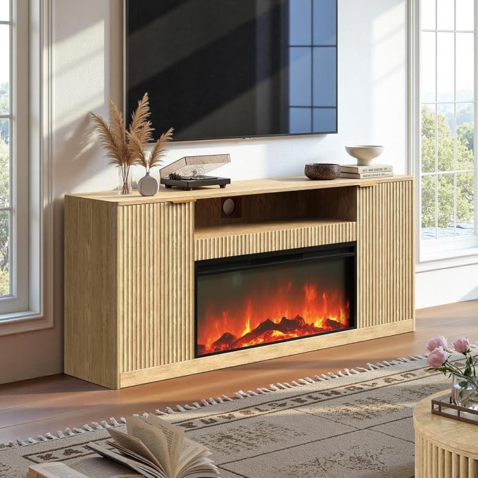 Evermagin 67" Oak Fluted Fireplace TV Stand for TVs up tp 75", Mid-Century Modern Entertainment Center with Storage Cabinets and Doors, Wood Media TV Consoles for Living Room and Bedroom