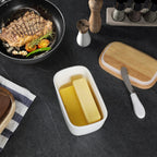 GDCZ Ceramics Butter Dish with Wooden Lid- Large Covered Butter Holder for Countertop, Butter Keeper Container Perfect for Holds 4X 4oz West/East Coast Butter, White