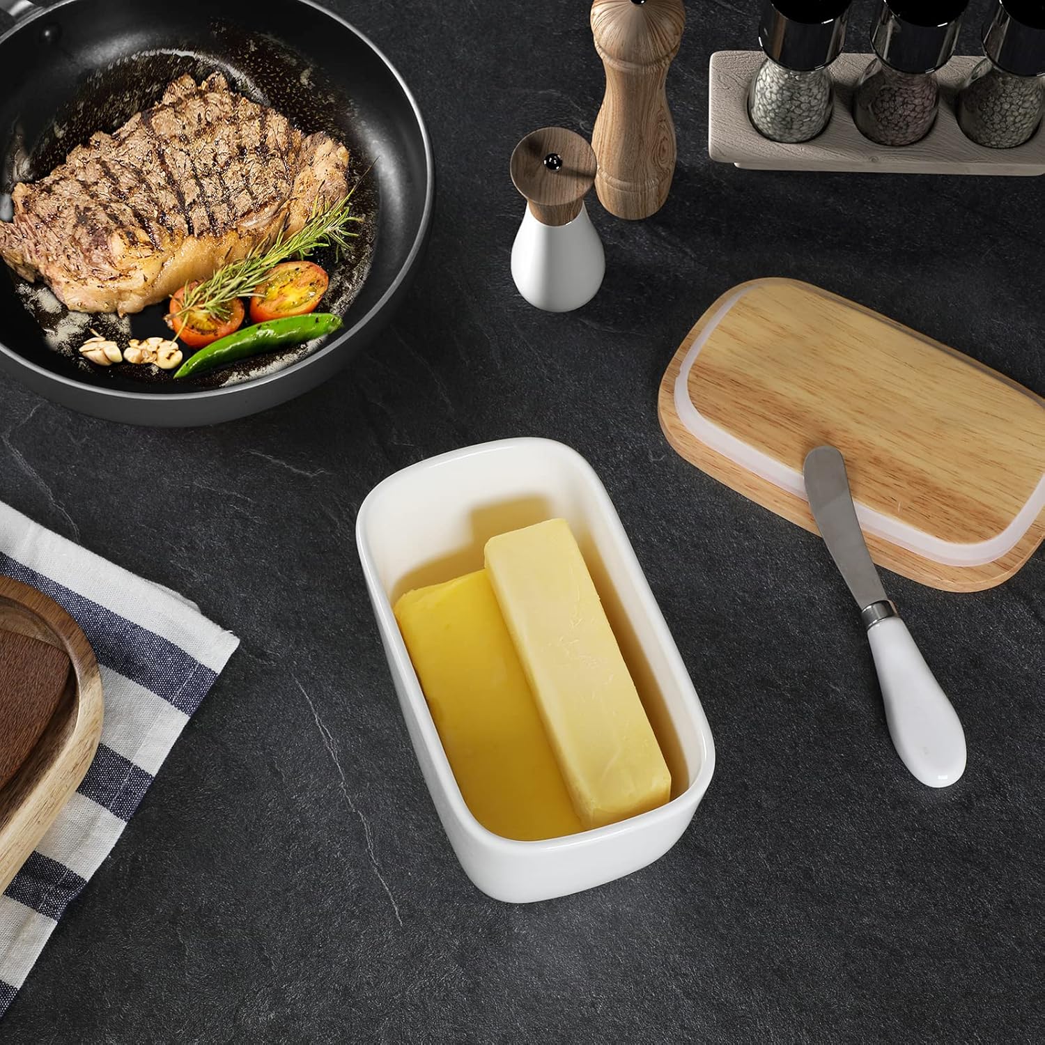 GDCZ Ceramics Butter Dish with Wooden Lid- Large Covered Butter Holder for Countertop, Butter Keeper Container Perfect for Holds 4X 4oz West/East Coast Butter, White